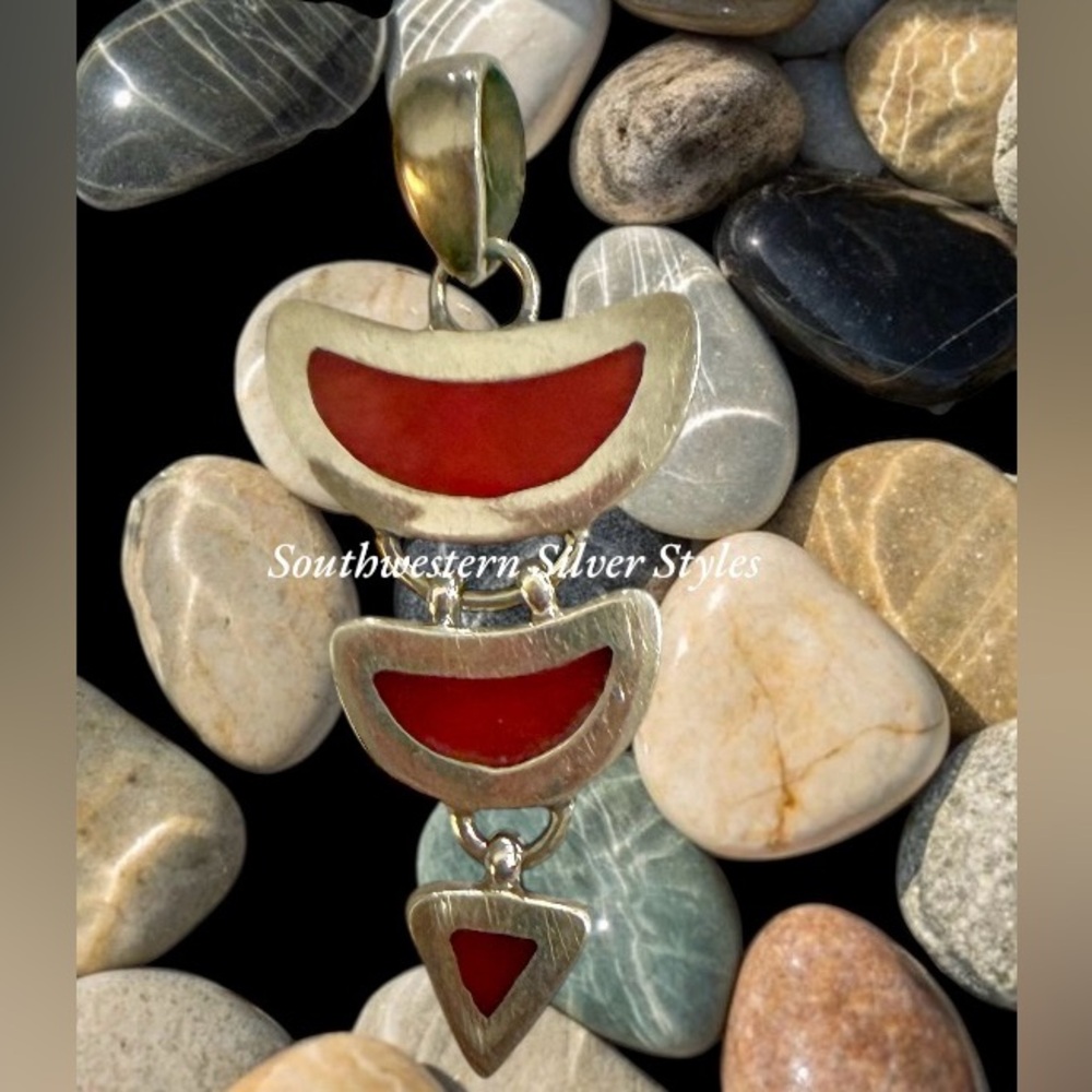 Southwestern Sterling Silver Mediterranean Red Coral Vintage Chandelier Pendant - Picture 2 of 7
